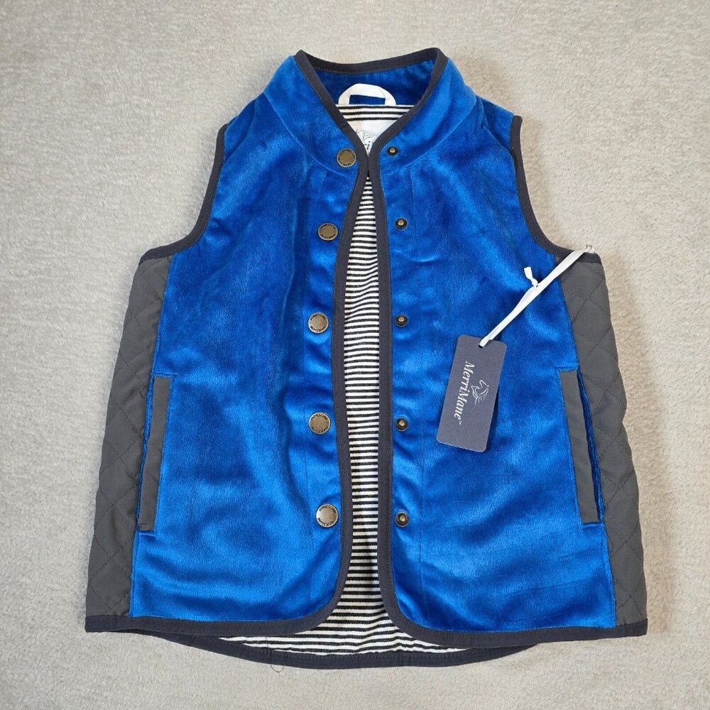 MerriMane Fleece Vest Royal Blue Gray Quilted Boys Size 5Y Soft Lined Snap Front